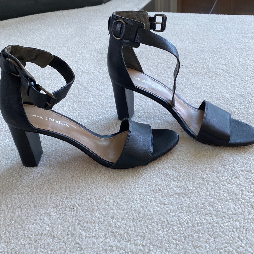 Black Leather Block Heel Sandal